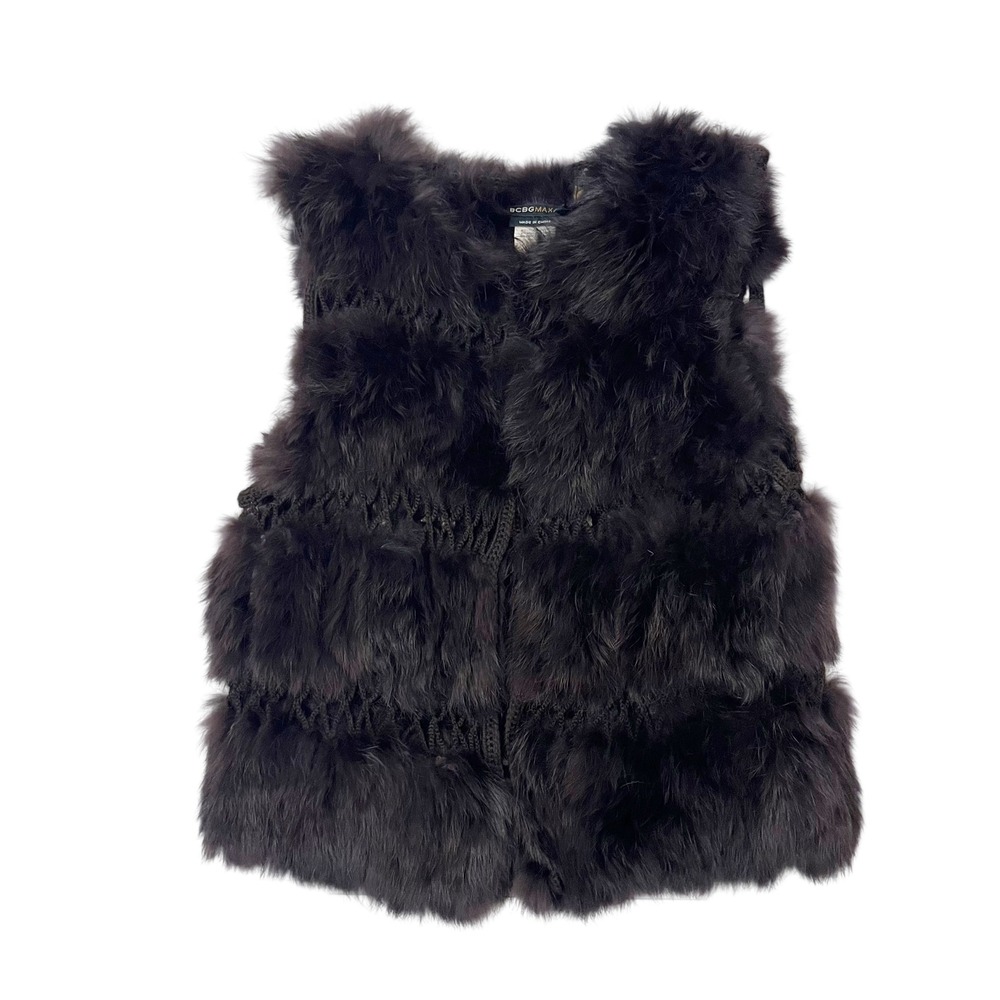 BCBGMAXAZRIA Women XS Chocolate Brown Real Rabbit Fur Knit Trim Vest Boho